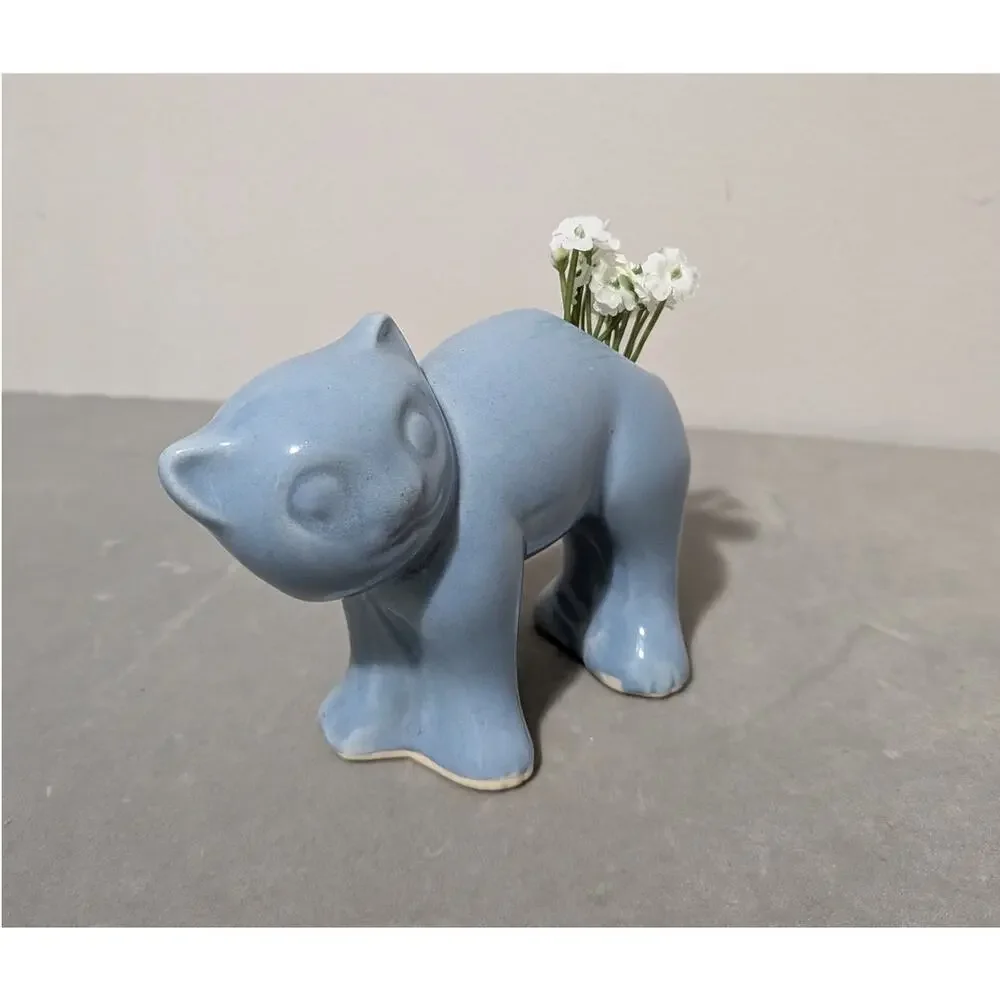 Vintage McCoy Morton Ceramic Blue Cat Planter Vase Arched MCM Kitten 1950s